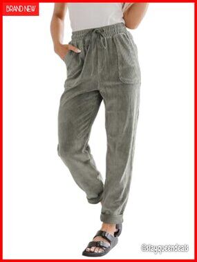Women's Corduroy Pants Straight Leg High Waist Drawstring Teacher Pants
